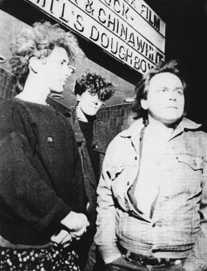 Derrick Honig, Keith Tufts, Greg Clark, outside the old Flamingo, 1987